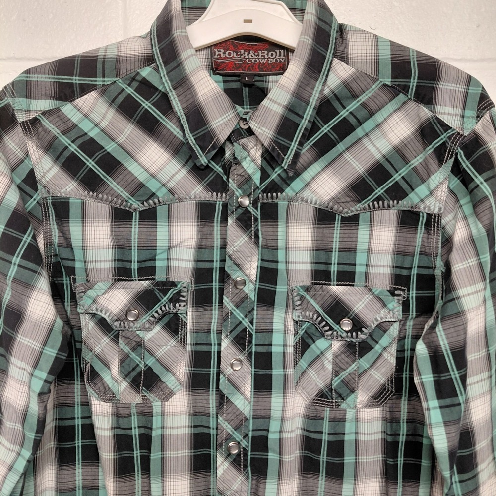 Rock & Roll Cowboy Shirt Men L Green Plaid Pearl Snap Thick Stitch Western Rodeo - Picture 2 of 16